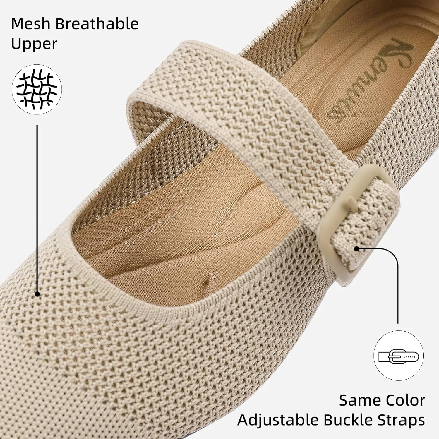 Semwiss Women's Mary Jane Flats Pointed Toe Ballet Flat with Adjustable Strap Design Breathable Mesh Dressy Casual Office Shoes