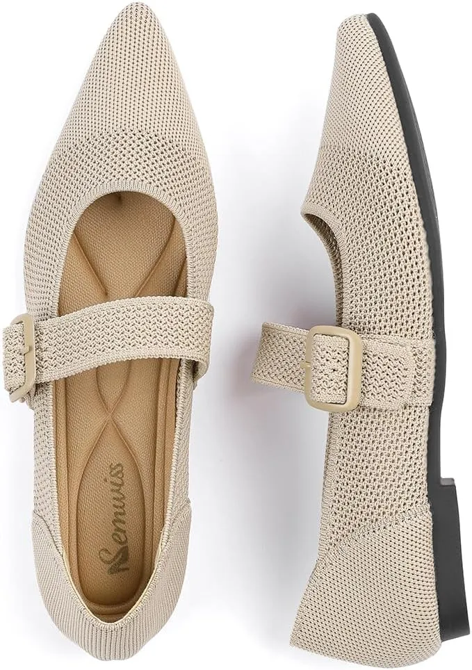 Semwiss Women's Mary Jane Flats Pointed Toe Ballet Flat with Adjustable Strap Design Breathable Mesh Dressy Casual Office Shoes