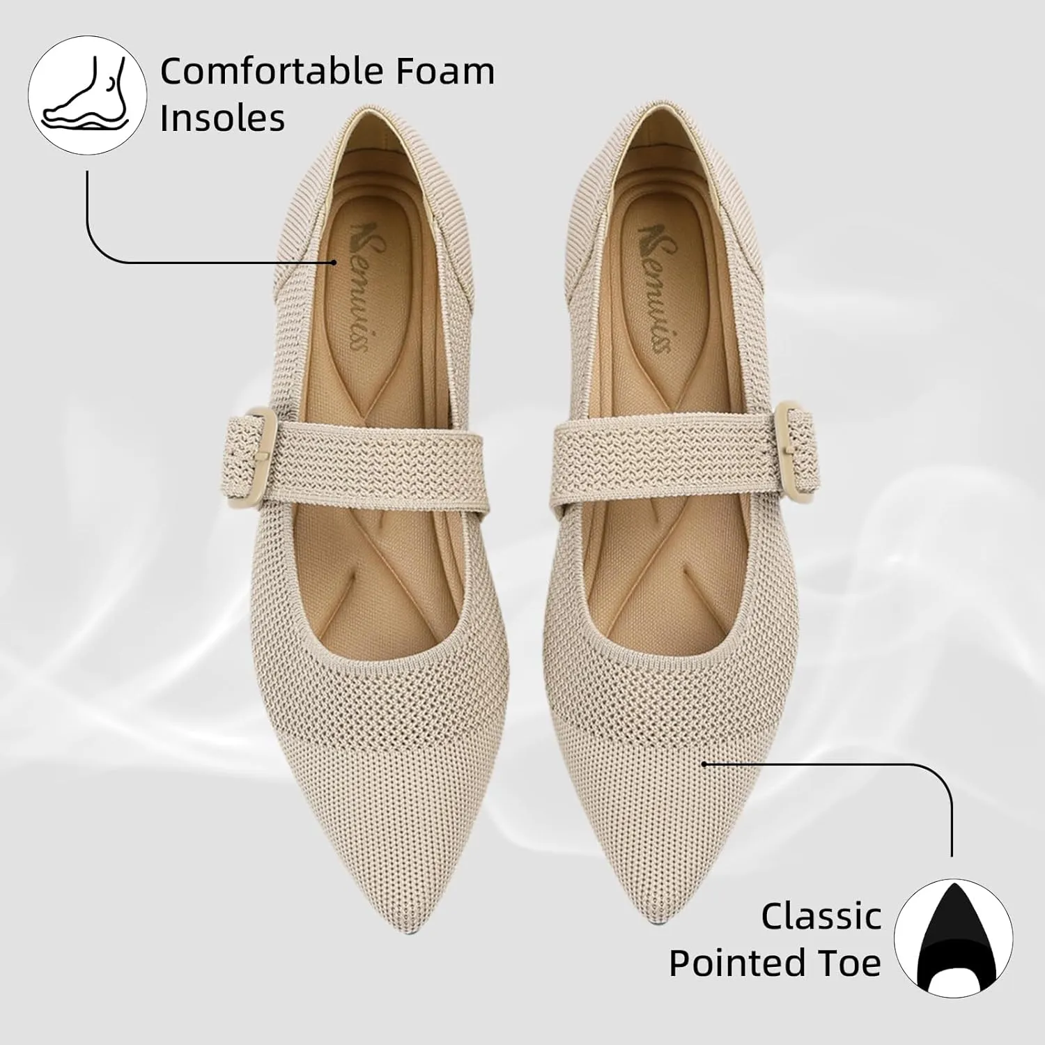 Semwiss Women's Mary Jane Flats Pointed Toe Ballet Flat with Adjustable Strap Design Breathable Mesh Dressy Casual Office Shoes