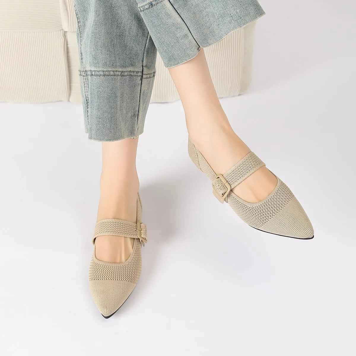 Semwiss Women's Mary Jane Flats Pointed Toe Ballet Flat with Adjustable Strap Design Breathable Mesh Dressy Casual Office Shoes