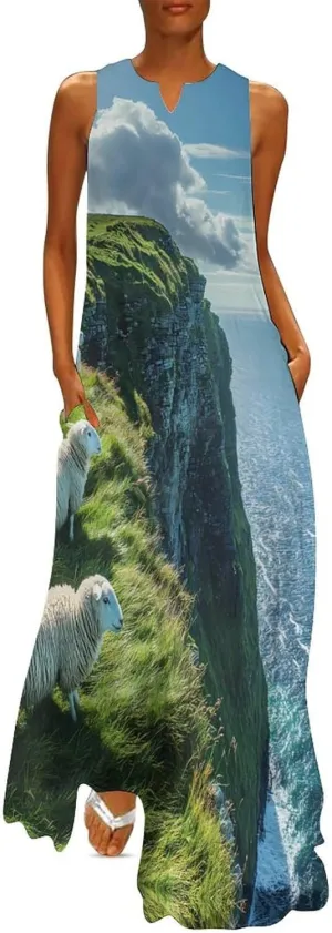 Sheep Irish Cliff Women's Summer Sleeveless Dress Ruffle Flowy Casual Ankle Length Dresses with Pockets