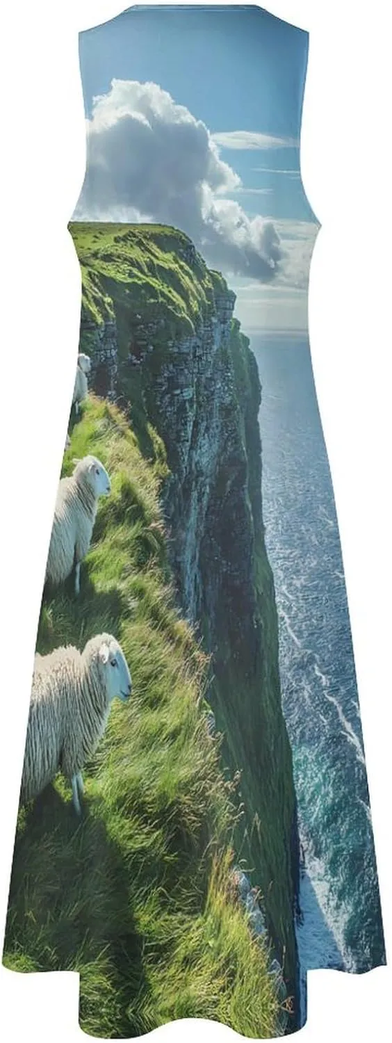 Sheep Irish Cliff Women's Summer Sleeveless Dress Ruffle Flowy Casual Ankle Length Dresses with Pockets