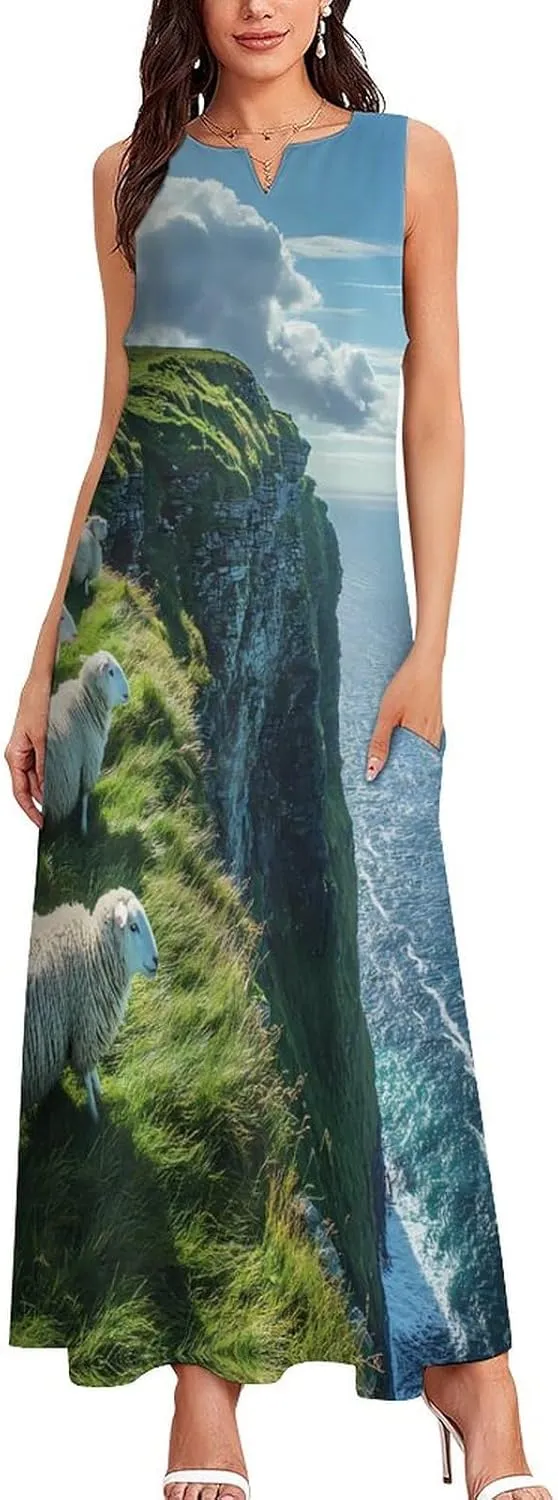 Sheep Irish Cliff Women's Summer Sleeveless Dress Ruffle Flowy Casual Ankle Length Dresses with Pockets