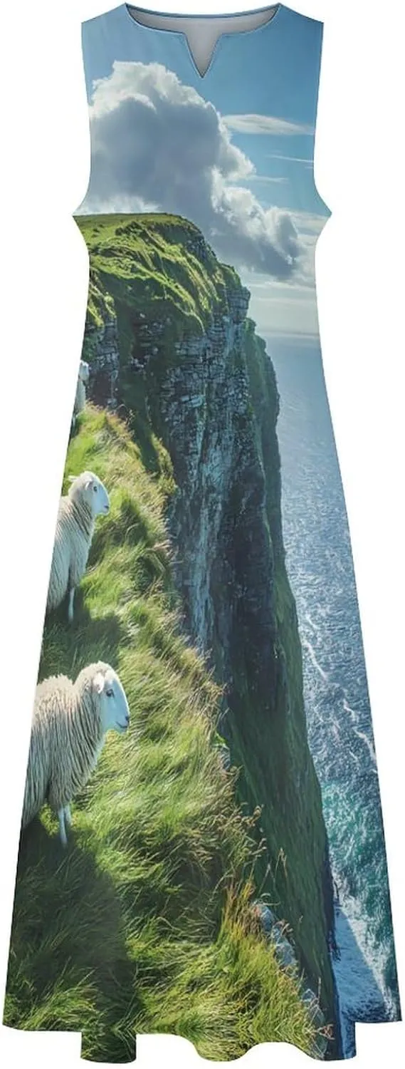 Sheep Irish Cliff Women's Summer Sleeveless Dress Ruffle Flowy Casual Ankle Length Dresses with Pockets