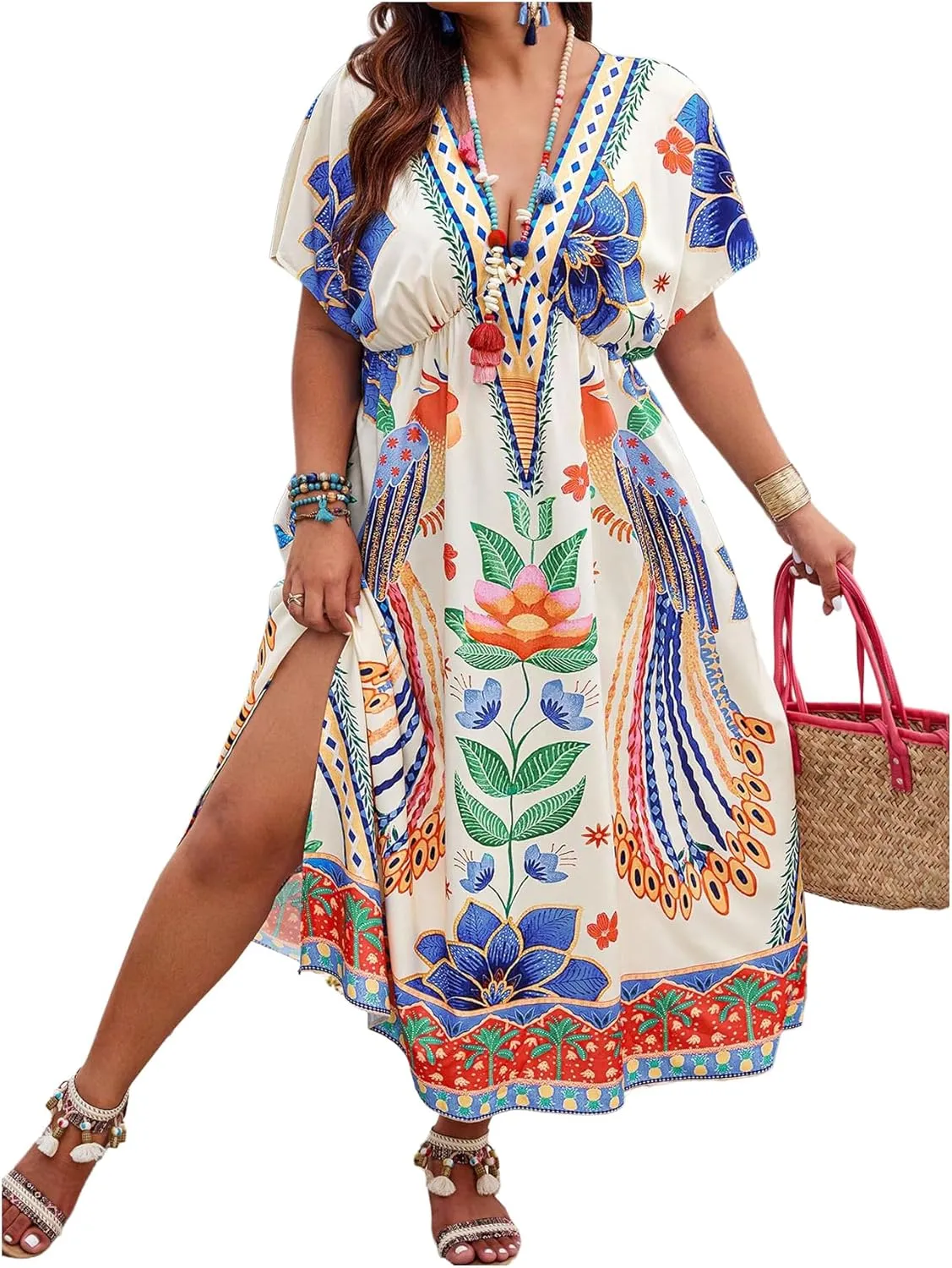 SHENHE Women's Plus Size Floral Boho Dress Short Sleeve Deep V A Line Flowy Slit Midi Sundress
