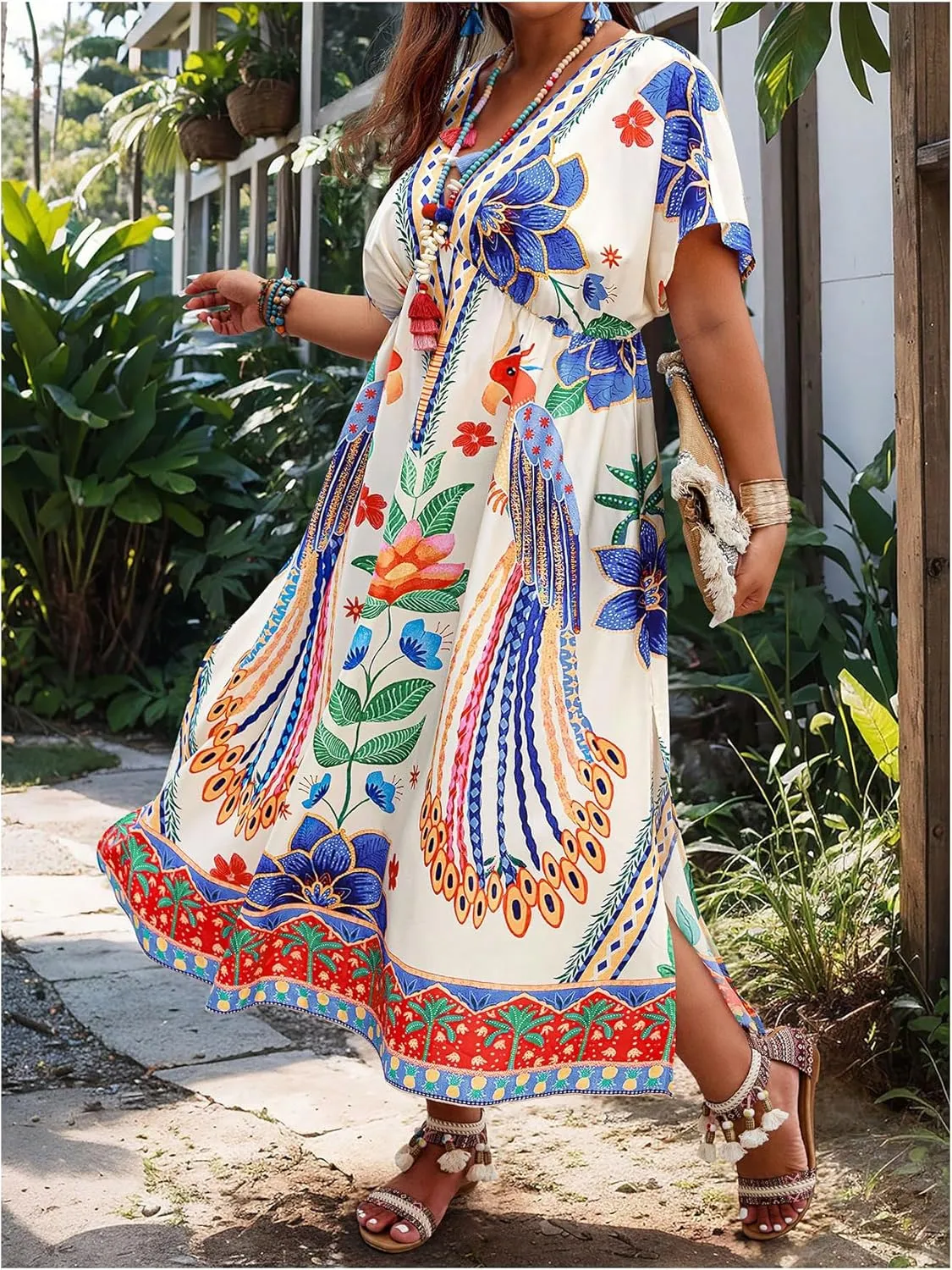 SHENHE Women's Plus Size Floral Boho Dress Short Sleeve Deep V A Line Flowy Slit Midi Sundress