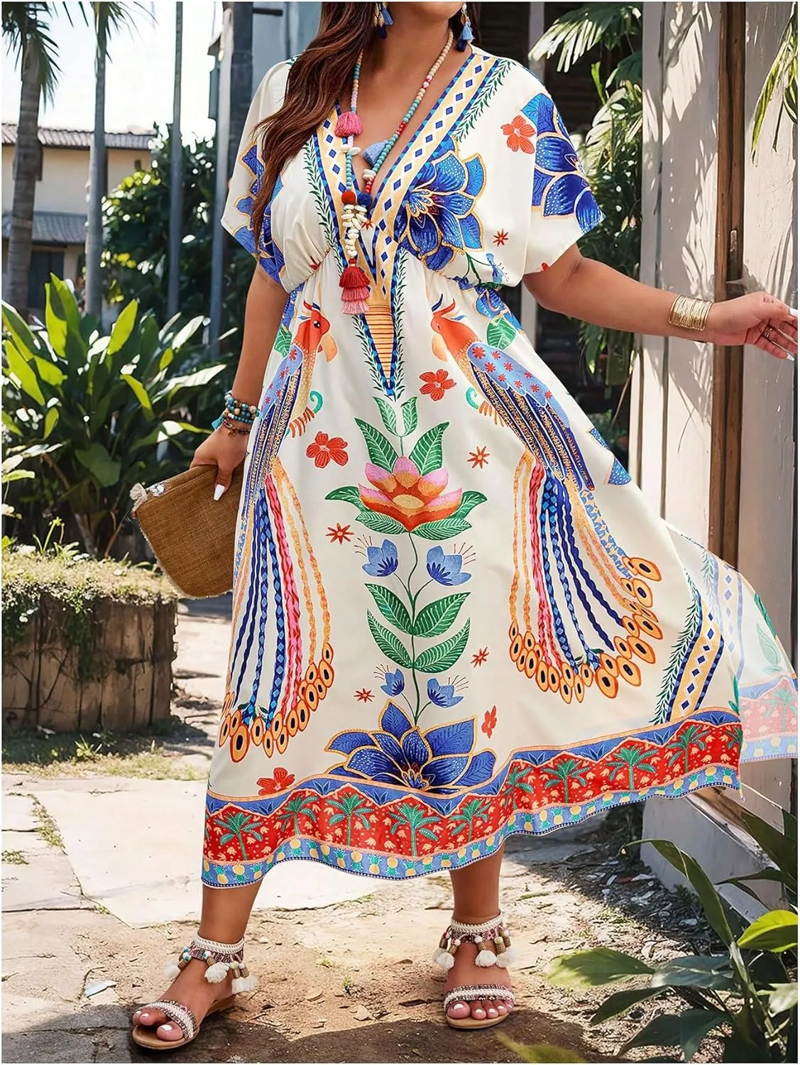 SHENHE Women's Plus Size Floral Boho Dress Short Sleeve Deep V A Line Flowy Slit Midi Sundress