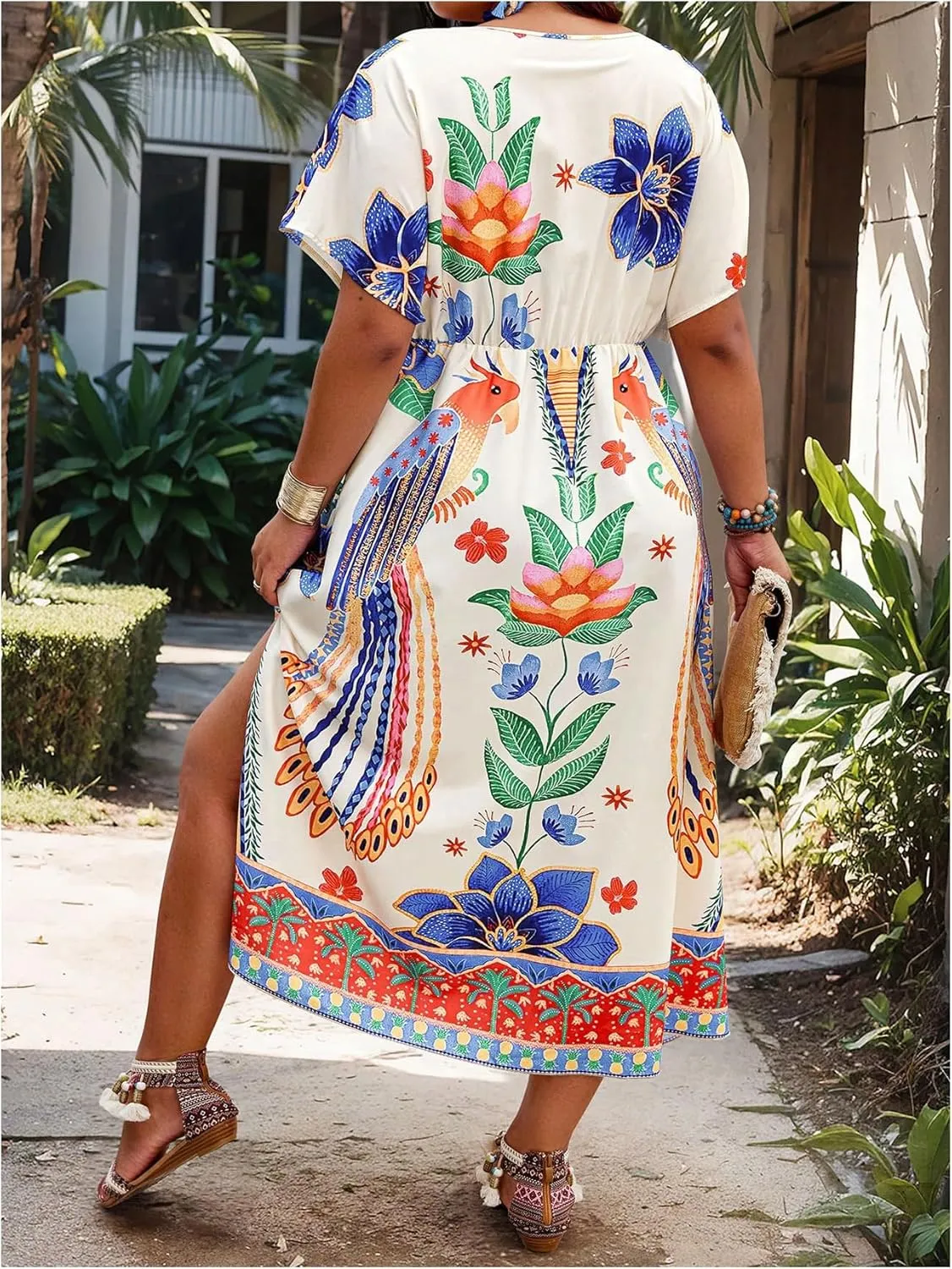 SHENHE Women's Plus Size Floral Boho Dress Short Sleeve Deep V A Line Flowy Slit Midi Sundress