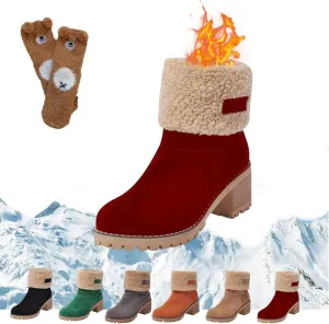 Sheremart Seniors' Chunky Heel Winter Boots, Winter Platform Furry Boots for Women, Warm Plush Lined Slip on Boots, Mid Calf Chunky Heel Suede Round Toe Snow Boots