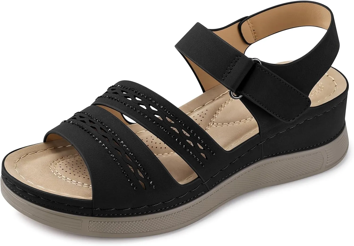 SHIBEVER Wedge Sandals for Women Dressy: Summer Walking Sandals Woman Comfortable - Casual Open Toe Rhinestone Low Wedge Shoes with Ankle Strap