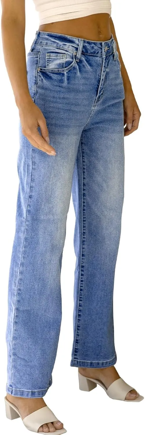 Sidefeel Women's Wide Leg Jeans Casual High Waisted Straight Zimbaplatinum Denim Pants with Pockets