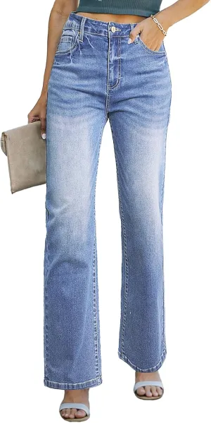 Sidefeel Women's Wide Leg Jeans Casual High Waisted Straight Zimbaplatinum Denim Pants with Pockets