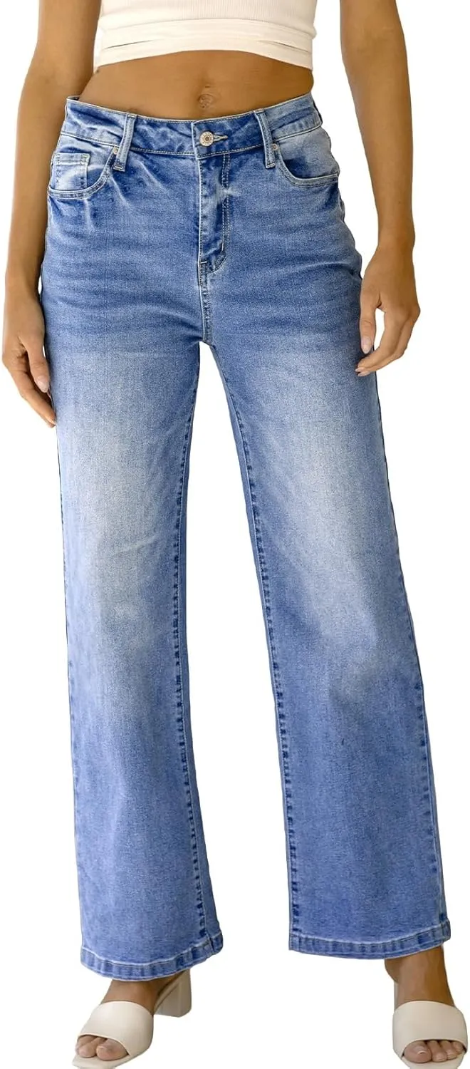 Sidefeel Women's Wide Leg Jeans Casual High Waisted Straight Zimbaplatinum Denim Pants with Pockets