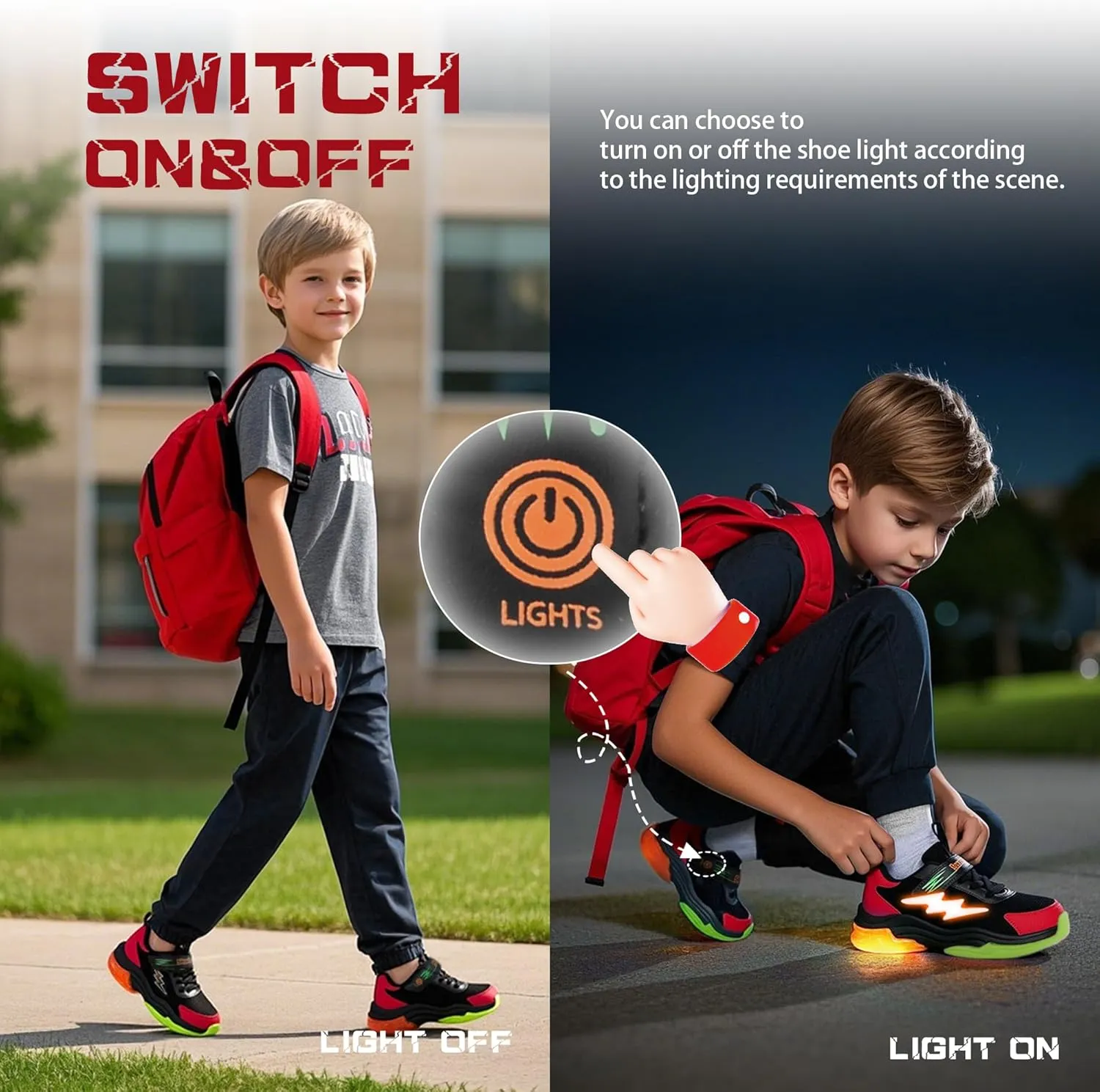 SKYWHEEL Kids Sneakers for Boys Light Up Shoes with Switch Tennis Running Athletic Shoes Toddler Size 10 to Big Kids Size 5