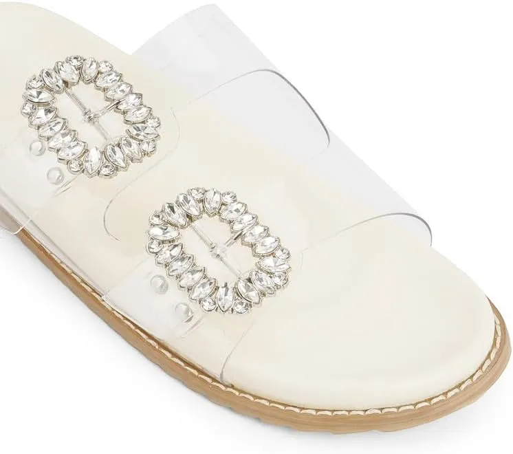 Slide Sandals for Women Rhinestone Flat Platform Sandals Soft Footbed Comfortable Walking Girls Ladies Summer Sandals