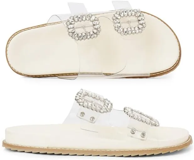 Slide Sandals for Women Rhinestone Flat Platform Sandals Soft Footbed Comfortable Walking Girls Ladies Summer Sandals