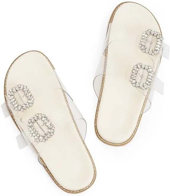 Slide Sandals for Women Rhinestone Flat Platform Sandals Soft Footbed Comfortable Walking Girls Ladies Summer Sandals