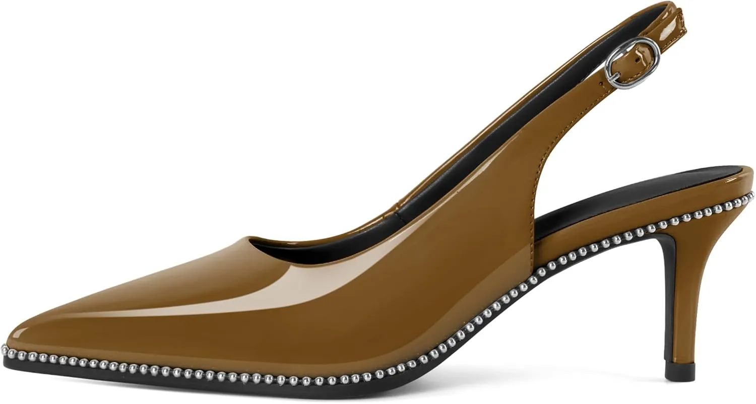 Sling Back Heels Women Sliver Beaded Kitten Pumps Closed Pointy Toe Mid Stiletto Heels Wedding Party Casual Dress Shoes Elegant 2.5 Inch Sandals