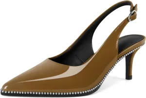 Sling Back Heels Women Sliver Beaded Kitten Pumps Closed Pointy Toe Mid Stiletto Heels Wedding Party Casual Dress Shoes Elegant 2.5 Inch Sandals