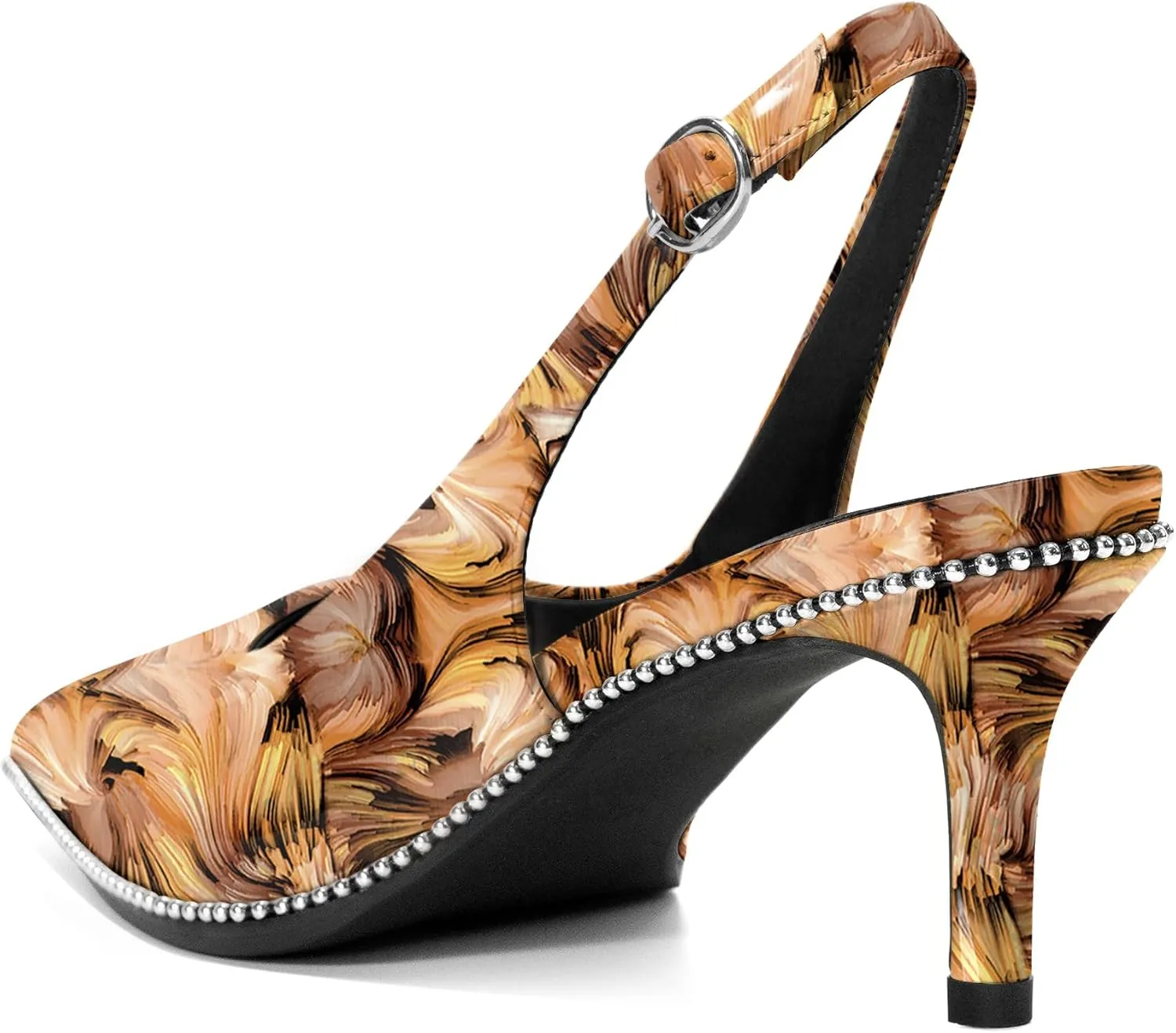 Sling Back Heels Women Sliver Beaded Kitten Pumps Closed Pointy Toe Mid Stiletto Heels Wedding Party Casual Dress Shoes Elegant 2.5 Inch Sandals