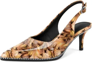 Sling Back Heels Women Sliver Beaded Kitten Pumps Closed Pointy Toe Mid Stiletto Heels Wedding Party Casual Dress Shoes Elegant 2.5 Inch Sandals