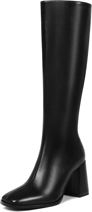 Square Toe Knee High Boots Women Chunky Block Heel Dress Tall Boots for Women High Heel GoGo Long Boots