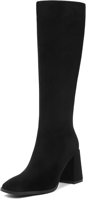 Square Toe Knee High Boots Women Chunky Block Heel Dress Tall Boots for Women High Heel GoGo Long Boots