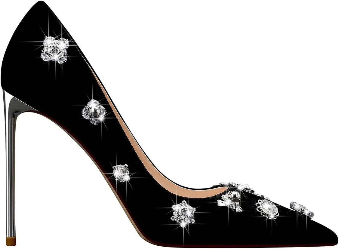 Stiletto High Heels Pumps for Women Pumps Leather Women Pointed Toe Diamond Heels Elegant for Prom 4 inch