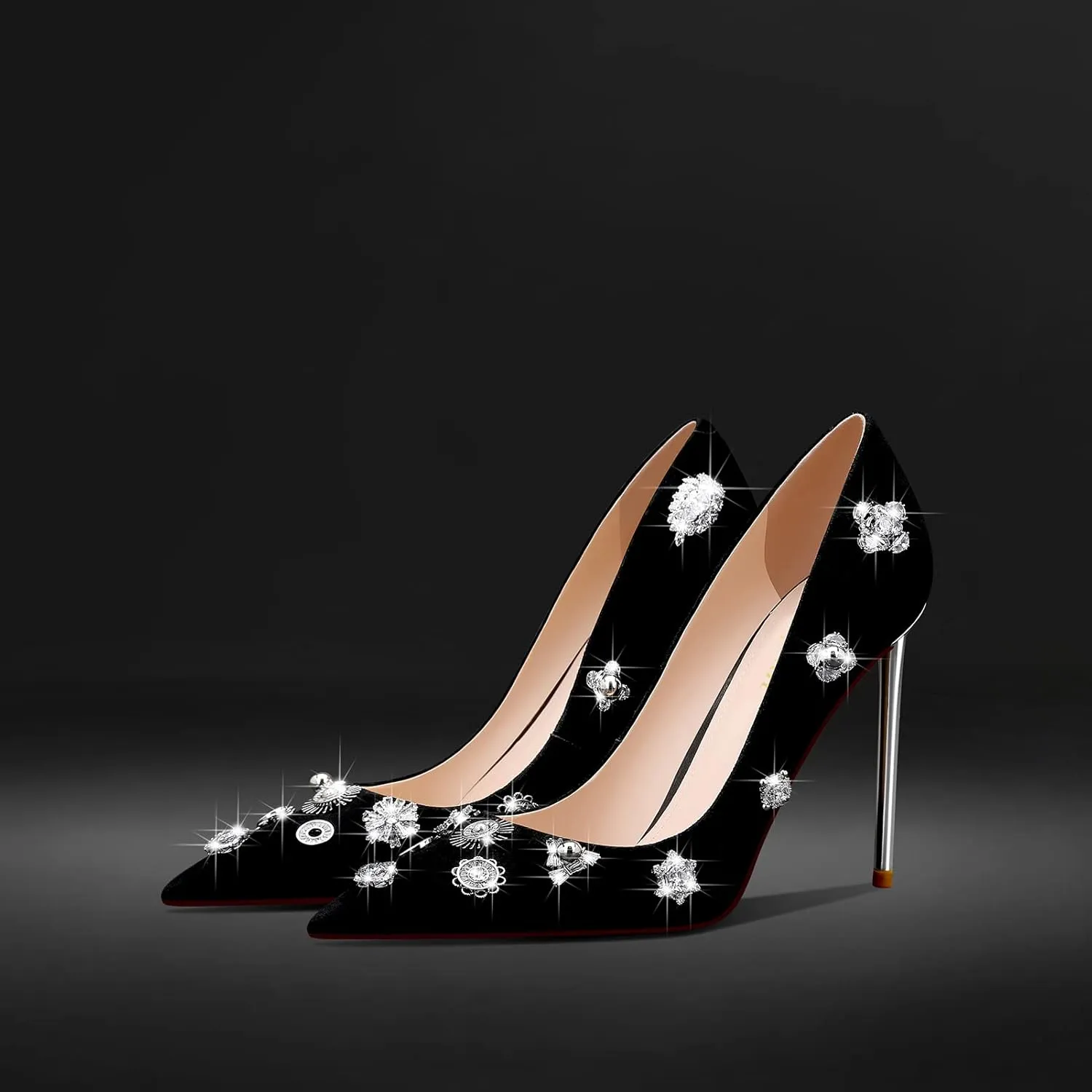 Stiletto High Heels Pumps for Women Pumps Leather Women Pointed Toe Diamond Heels Elegant for Prom 4 inch