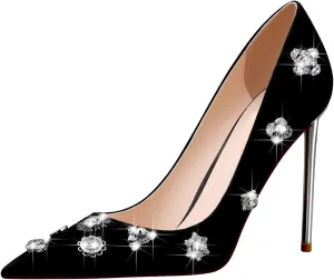 Stiletto High Heels Pumps for Women Pumps Leather Women Pointed Toe Diamond Heels Elegant for Prom 4 inch
