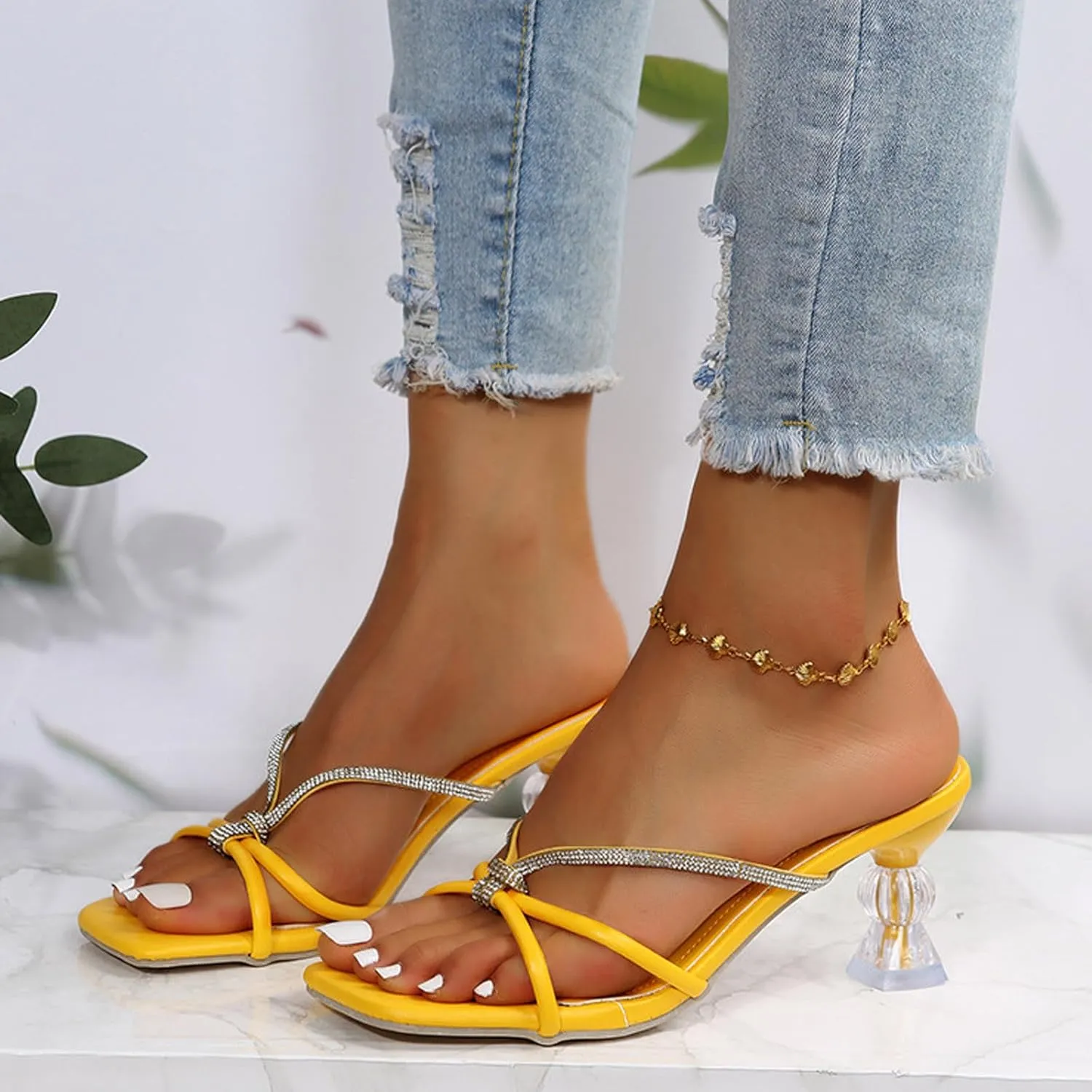 Stilettos Slides Sandals for Women Dressy Casual Summer Slide Square Toe Slip on Sandal Elegant High Heel Shoes