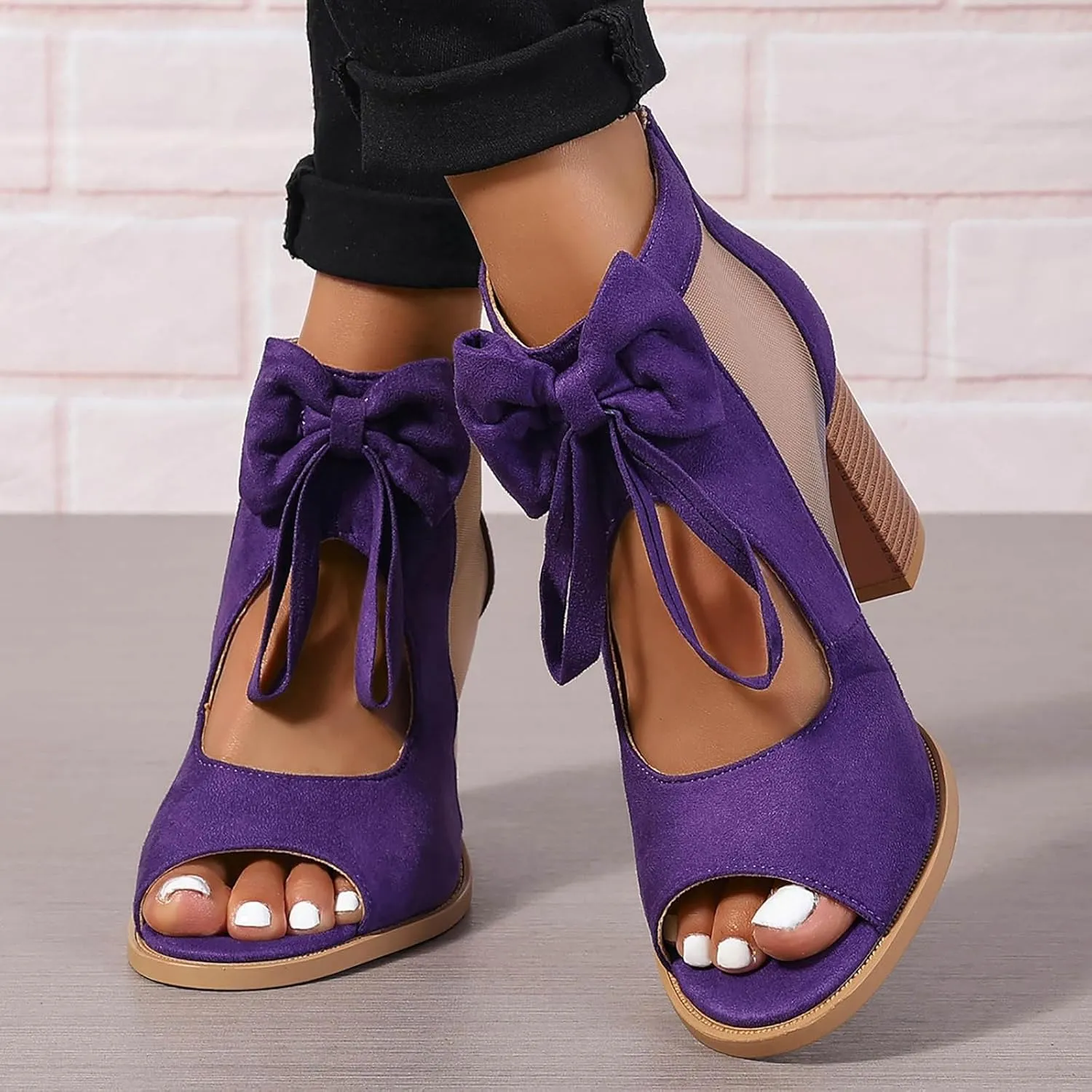SuanlaTDS High Heels Sandals for Women Peep Toe Ankle Boots with Back Zipper Dressy Cutout Bow Chunky Block Heel Pumps Comfortable 2025 Elegant Summer Heeled Sandal for Party Beach Vacation