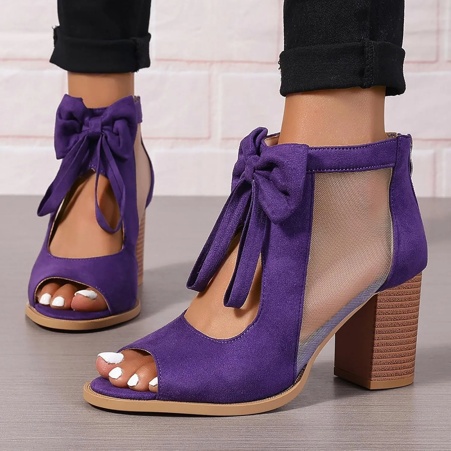 SuanlaTDS High Heels Sandals for Women Peep Toe Ankle Boots with Back Zipper Dressy Cutout Bow Chunky Block Heel Pumps Comfortable 2025 Elegant Summer Heeled Sandal for Party Beach Vacation