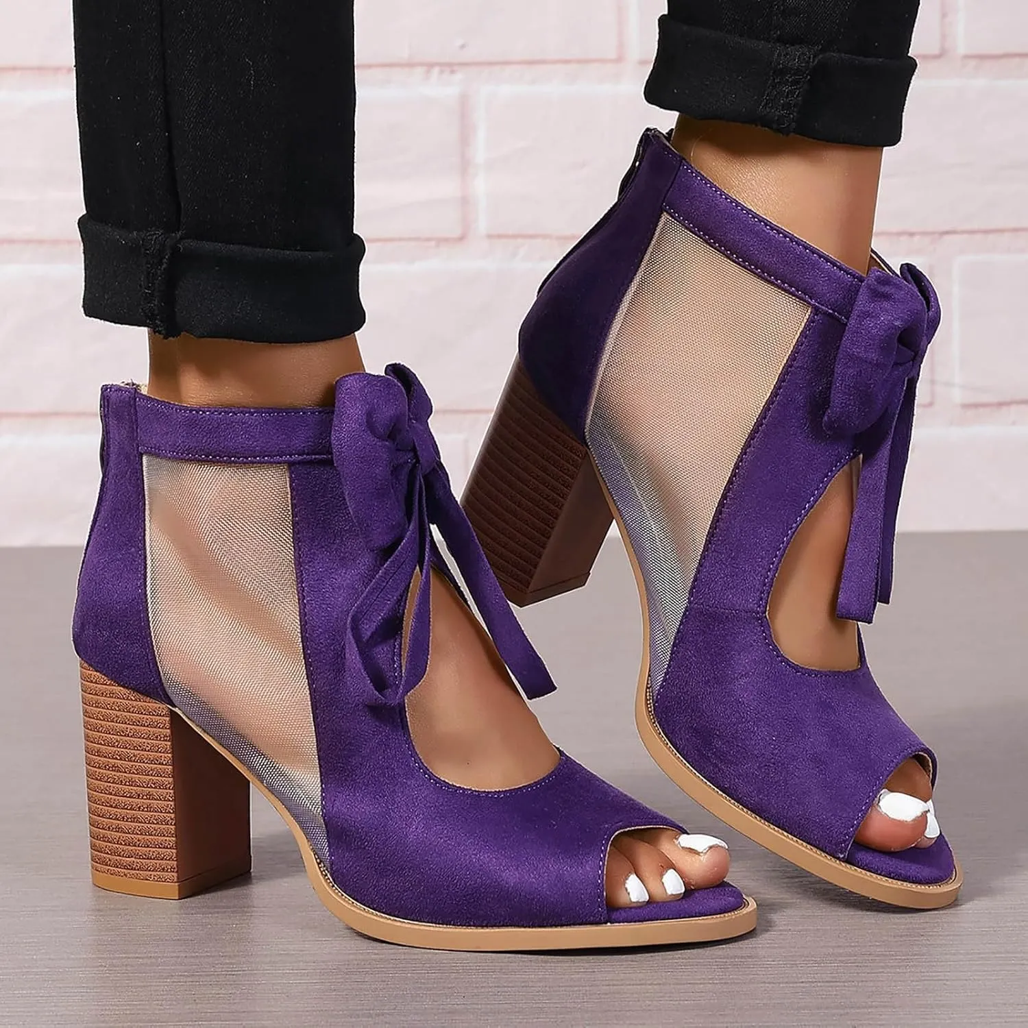 SuanlaTDS High Heels Sandals for Women Peep Toe Ankle Boots with Back Zipper Dressy Cutout Bow Chunky Block Heel Pumps Comfortable 2025 Elegant Summer Heeled Sandal for Party Beach Vacation