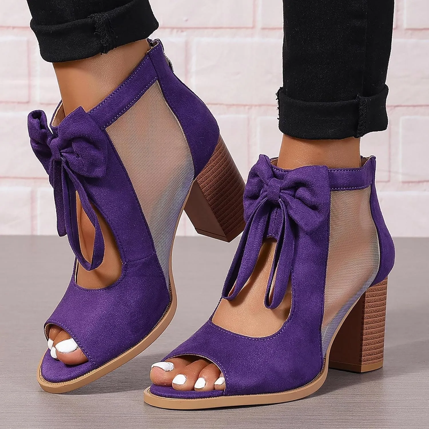 SuanlaTDS High Heels Sandals for Women Peep Toe Ankle Boots with Back Zipper Dressy Cutout Bow Chunky Block Heel Pumps Comfortable 2025 Elegant Summer Heeled Sandal for Party Beach Vacation