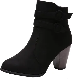 Suede Ankle Boots for Women Vintage Double Buckle Side Zipper Pointed Toe Square Chunky High-heeled Short Booties Solid Retro Non-slip Shoes