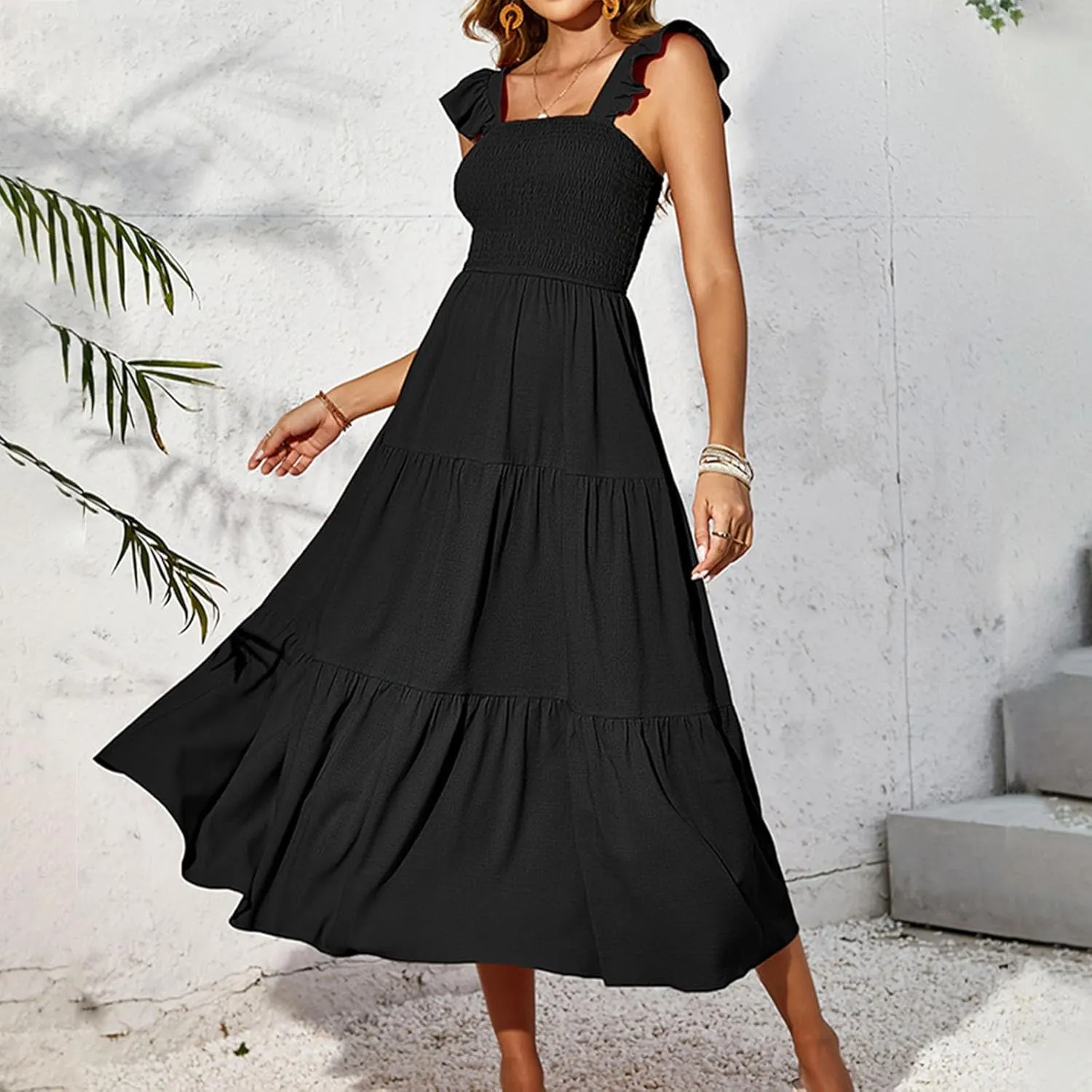 Summer Elegant Dresses for Women Solid Color Ruffle Sleeve Pleated Swing Casual Party Dress Fashion Design
