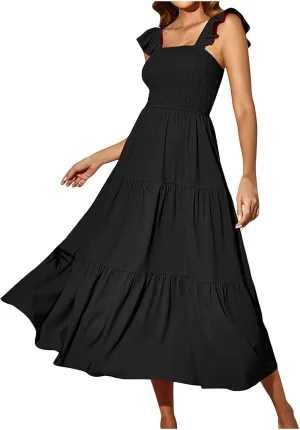Summer Elegant Dresses for Women Solid Color Ruffle Sleeve Pleated Swing Casual Party Dress Fashion Design