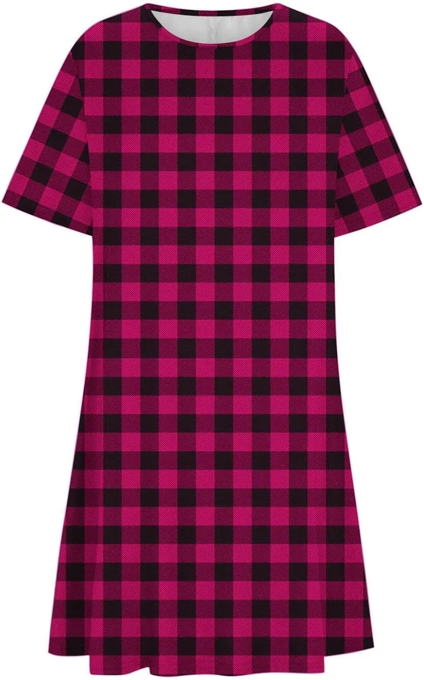 Sun Dresses for Women 2025 Vacation Vintage Plaid Midi Dresses Casual Crew Neck Short Sleeve Boho Beach Mini Dress