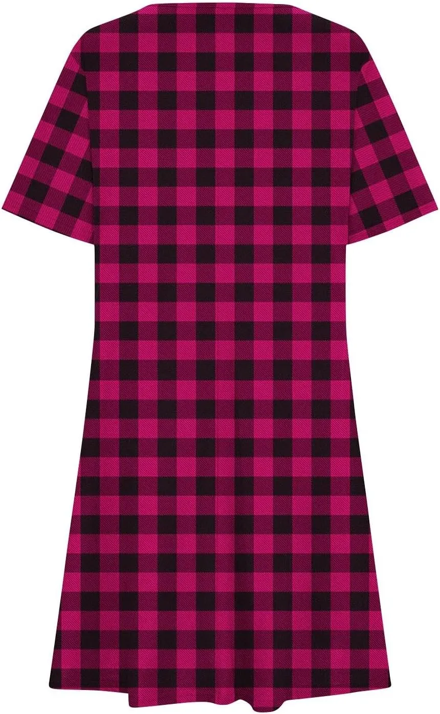 Sun Dresses for Women 2025 Vacation Vintage Plaid Midi Dresses Casual Crew Neck Short Sleeve Boho Beach Mini Dress