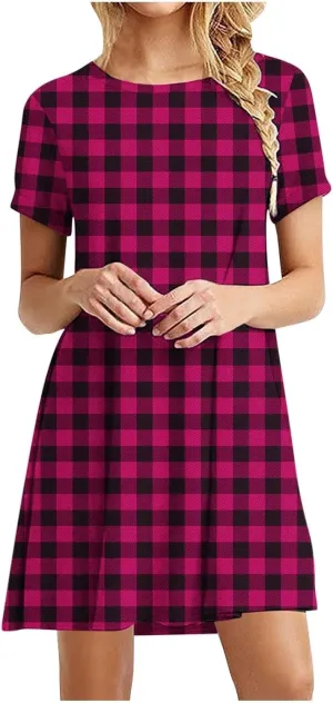 Sun Dresses for Women 2025 Vacation Vintage Plaid Midi Dresses Casual Crew Neck Short Sleeve Boho Beach Mini Dress