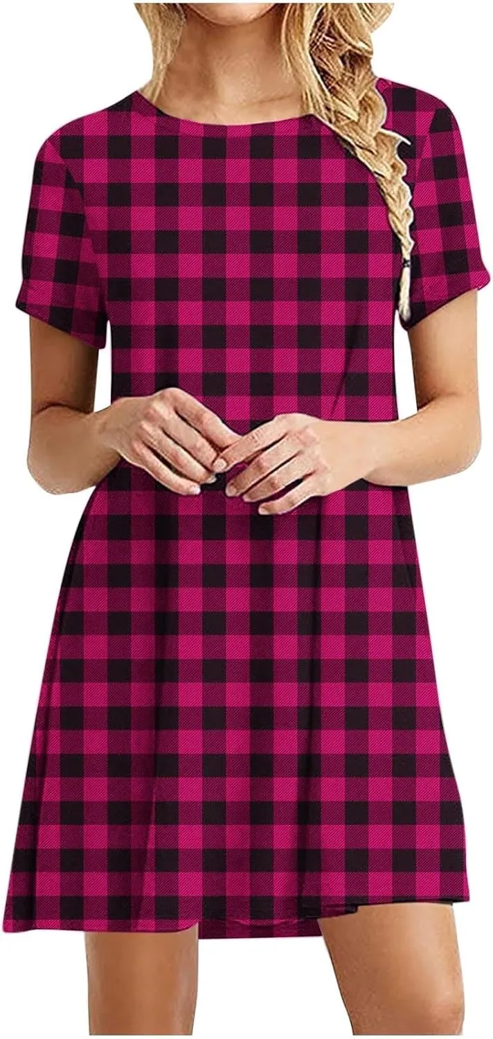 Sun Dresses for Women 2025 Vacation Vintage Plaid Midi Dresses Casual Crew Neck Short Sleeve Boho Beach Mini Dress