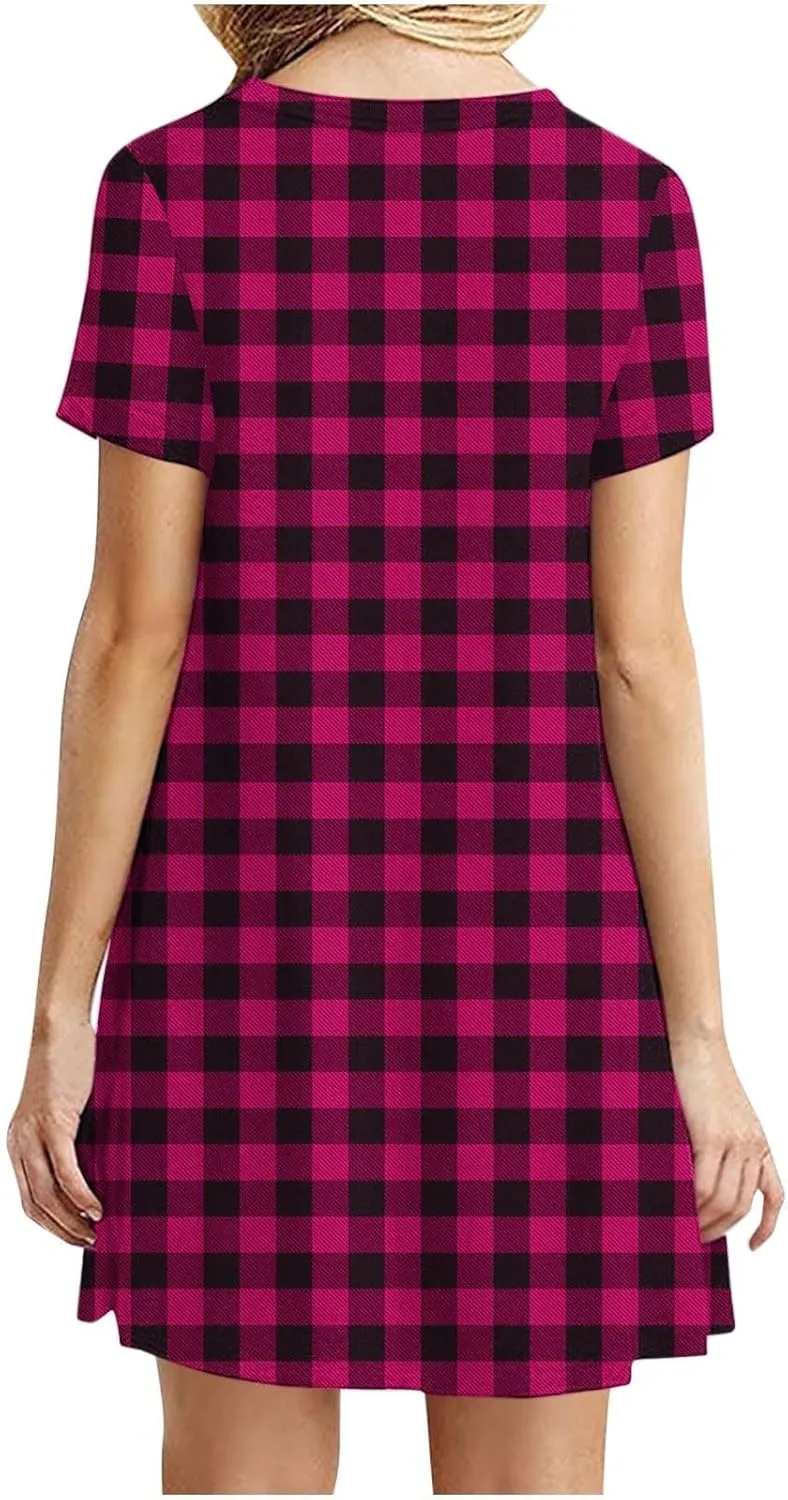 Sun Dresses for Women 2025 Vacation Vintage Plaid Midi Dresses Casual Crew Neck Short Sleeve Boho Beach Mini Dress