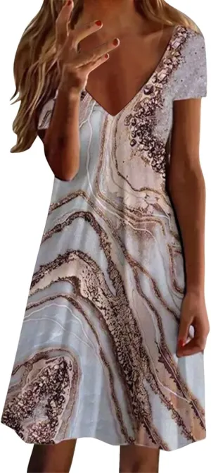 Sun Dresses for Women 2025 Vacation Vintage Printed Beach Midi Dresses Casual Deep V Neck Short Sleeve Maxi Dress