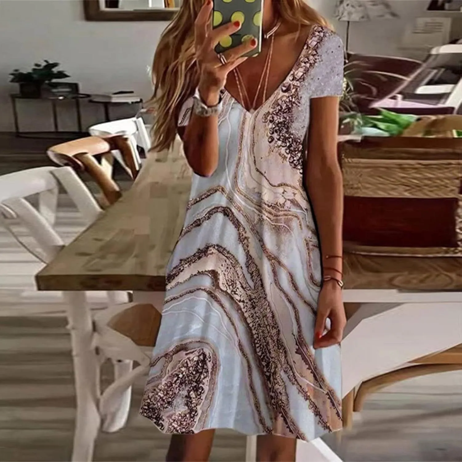 Sun Dresses for Women 2025 Vacation Vintage Printed Beach Midi Dresses Casual Deep V Neck Short Sleeve Maxi Dress
