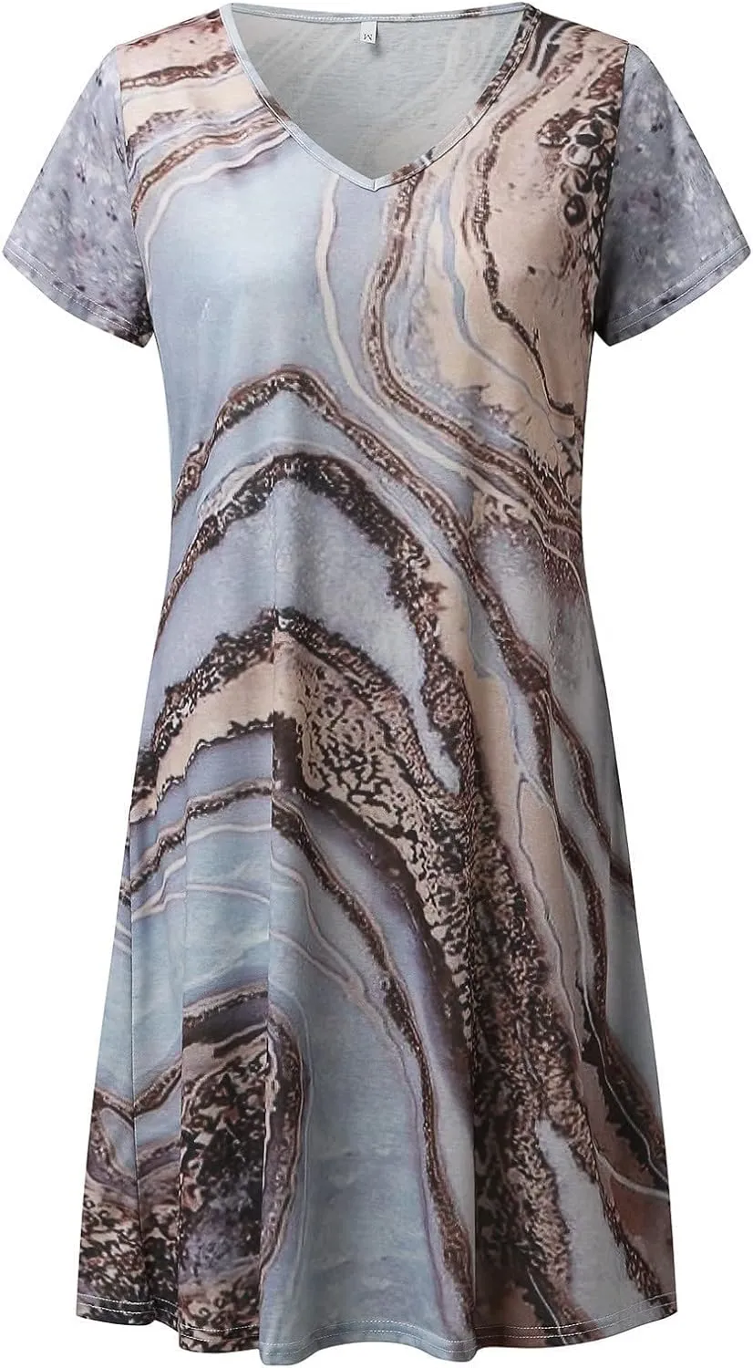Sun Dresses for Women 2025 Vacation Vintage Printed Beach Midi Dresses Casual Deep V Neck Short Sleeve Maxi Dress