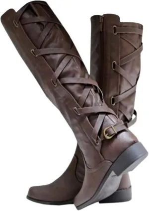 Syktkmx Womens Strappy Motorcycle Knee High Boots Winter Lace Up Riding Flat Low Heel Shoes
