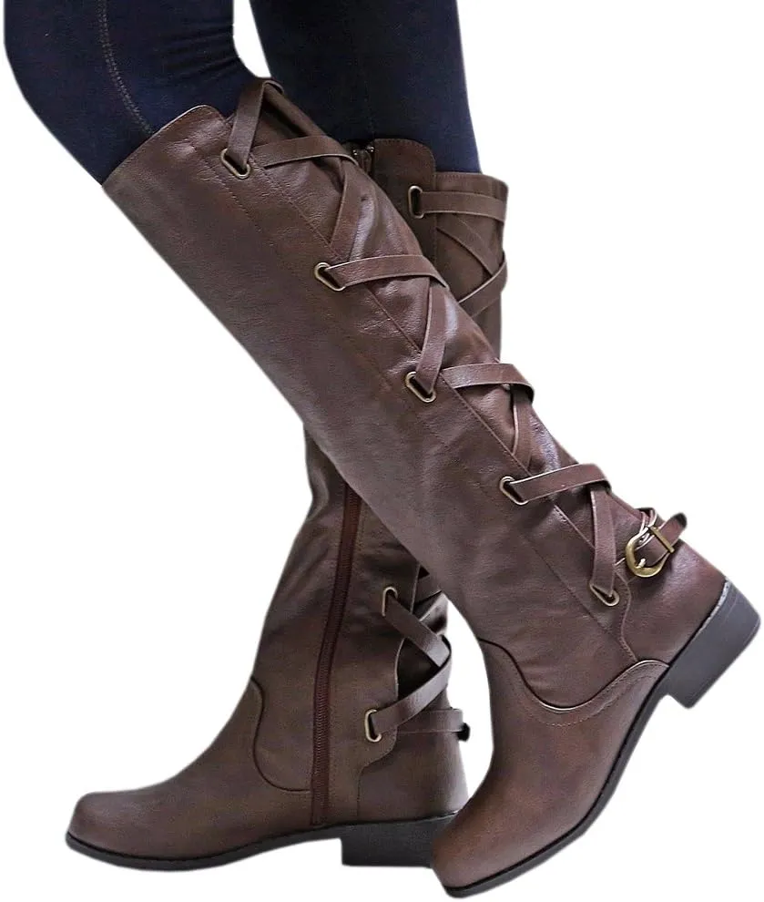 Syktkmx Womens Strappy Motorcycle Knee High Boots Winter Lace Up Riding Flat Low Heel Shoes