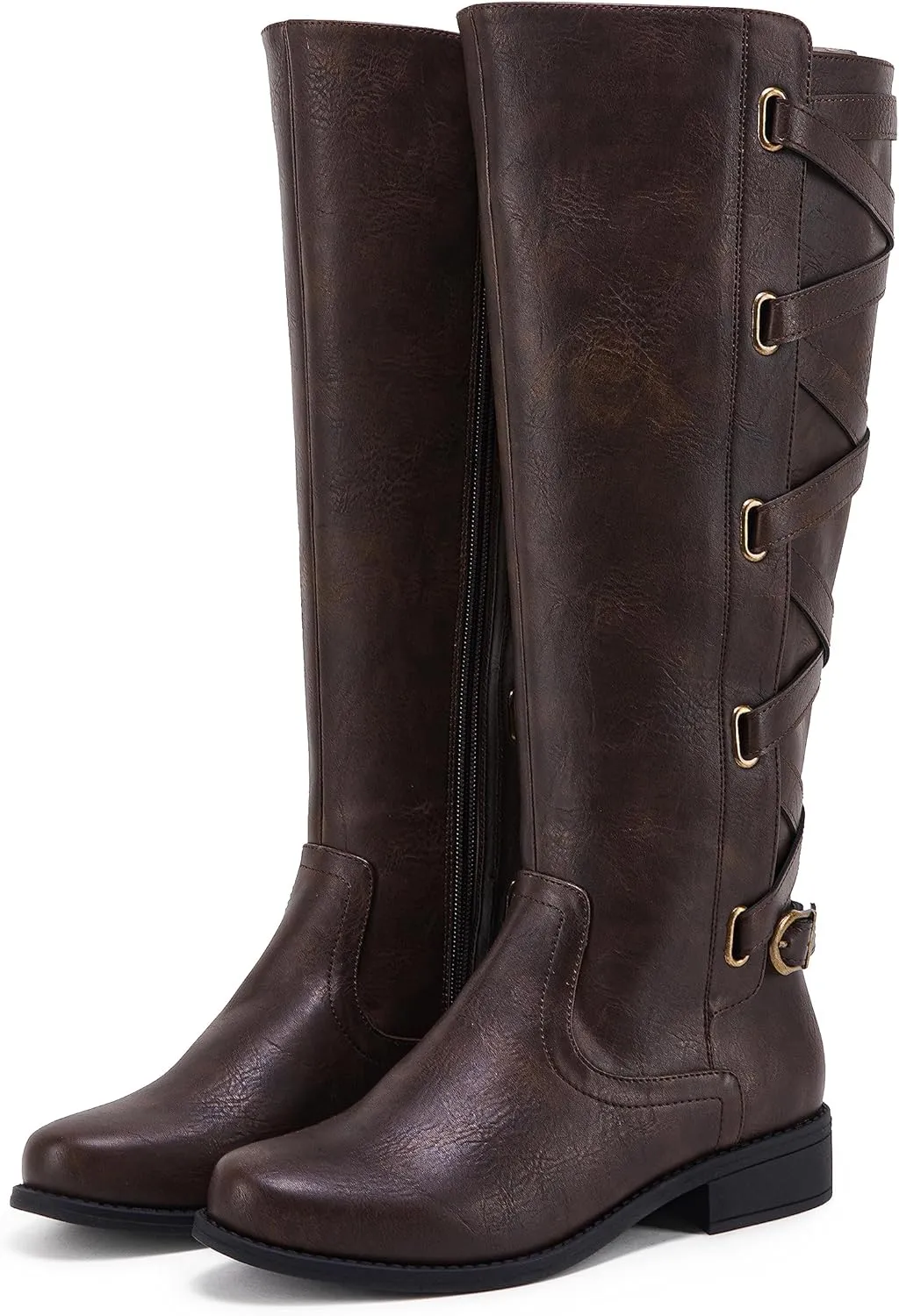 Syktkmx Womens Strappy Motorcycle Knee High Boots Winter Lace Up Riding Flat Low Heel Shoes