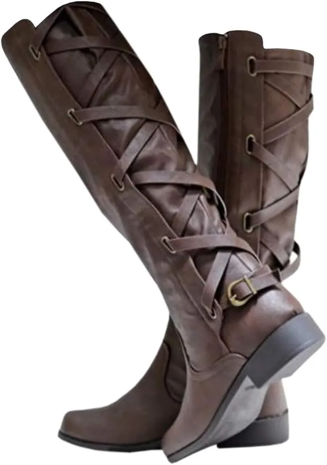Syktkmx Womens Strappy Motorcycle Knee High Boots Winter Lace Up Riding Flat Low Heel Shoes
